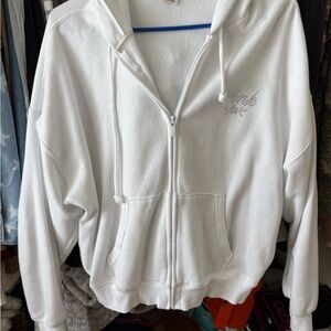White Zip-Up Hoodie with Rhinestone Detail